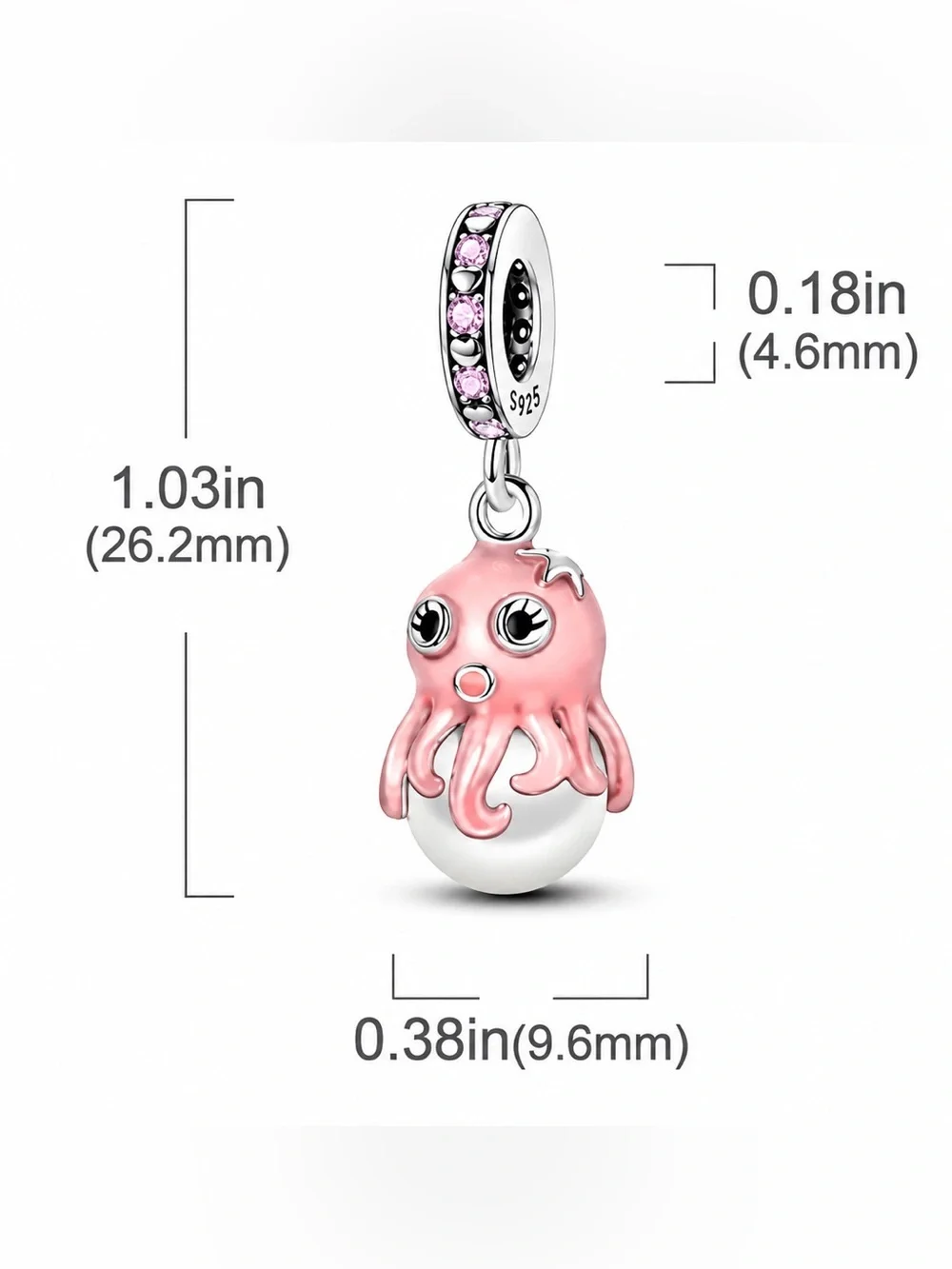 925 Pink Octopus on Pearl Dangle Charm Sterling Silver Cute Ocean Jewelry